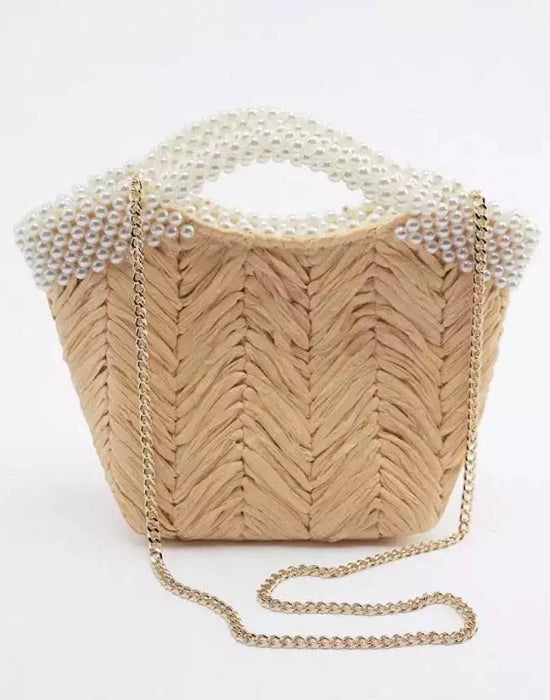 Pearl Strapped Straw Tote Bag - BEYAZURA.COM