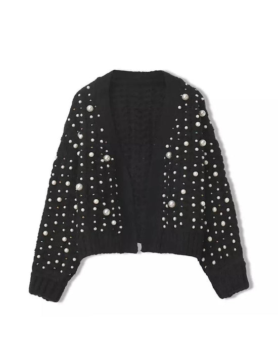 Pearl Trimmed Cable Knit Cardigan - BEYAZURA.COM