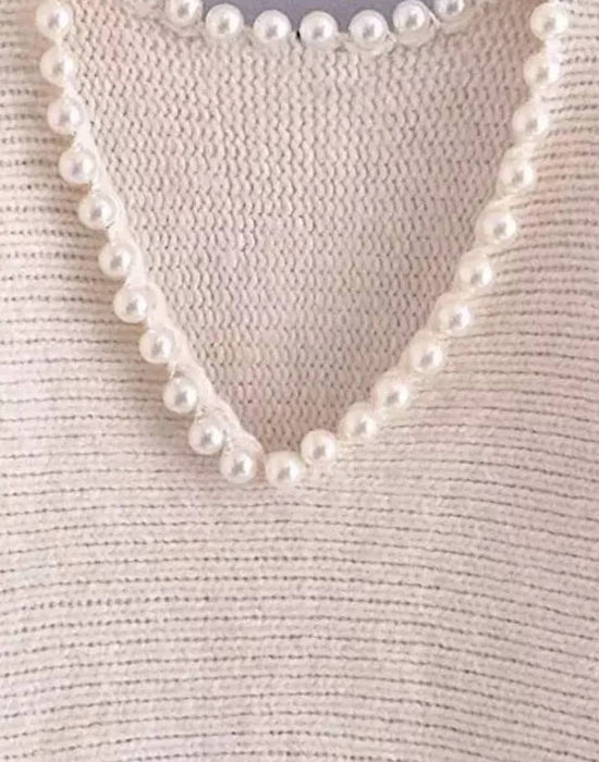 Pearl V Neck Collar Loose Sweater - BEYAZURA.COM