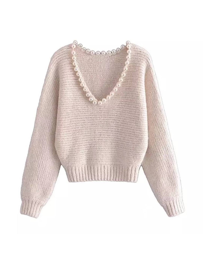 Pearl V Neck Collar Loose Sweater Beyazura