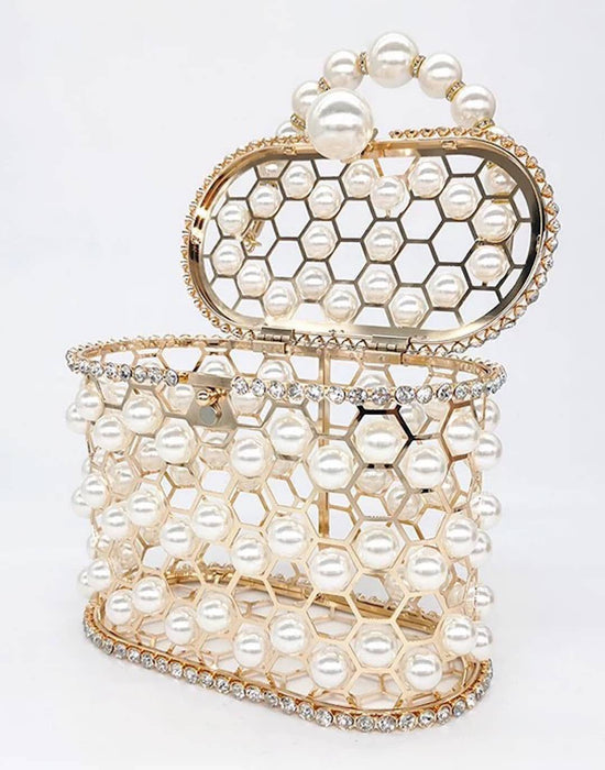 Pearled and Crystallized Cage Handle Clutch - BEYAZURA.COM