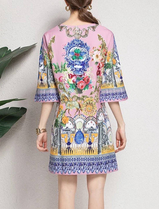 Pink And Blue Print Half Sleeve Short Dress - BEYAZURA.COM