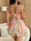 Pink Chiffon Flower Print Ruffle Short Dress - BEYAZURA.COM