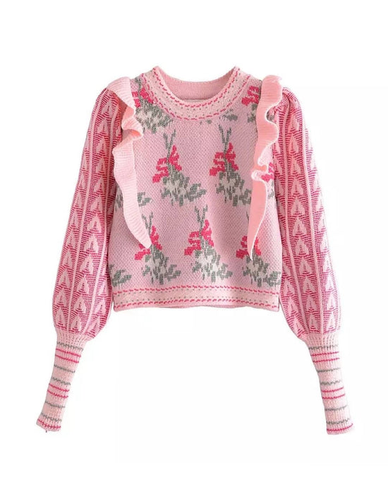 Pink Floral Ruffle Knit Sweater - BEYAZURA.COM