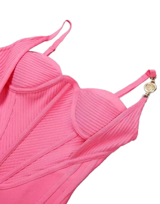 Pink Gold Trim Knitted Bandage Dress - BEYAZURA.COM