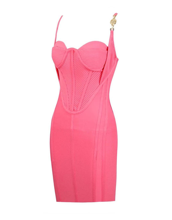 Pink Gold Trim Knitted Bandage Dress - BEYAZURA.COM