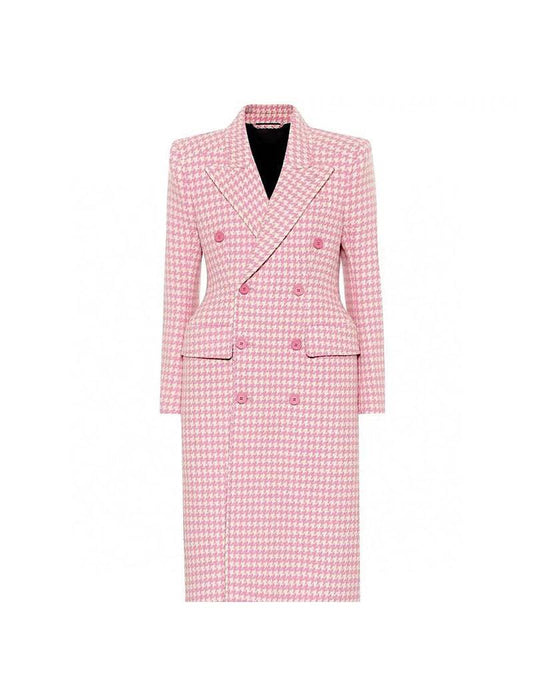 Pink Houndstooth Long Lapel Coat - BEYAZURA.COM