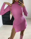 Pink Knit Turtleneck Mini Dress - BEYAZURA.COM