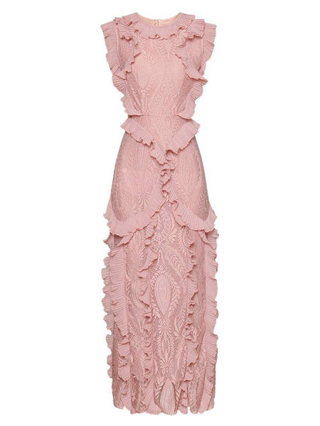 Pink Lace Ruffle Embroidered Long Dress - BEYAZURA.COM