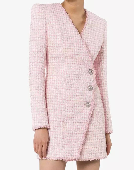 Pink Plaid Tweed Short Dress - BEYAZURA.COM