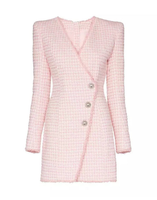 Pink Plaid Tweed Short Dress - BEYAZURA.COM