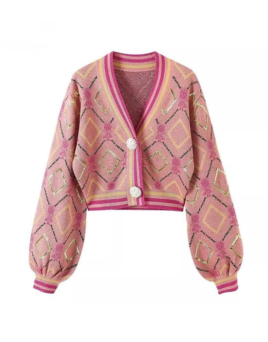 Pink Sequin Patterned Cropped Cardigan - BEYAZURA.COM