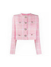 Pink Short Tweed Plaid Diamond Buttoned Jacket - BEYAZURA.COM