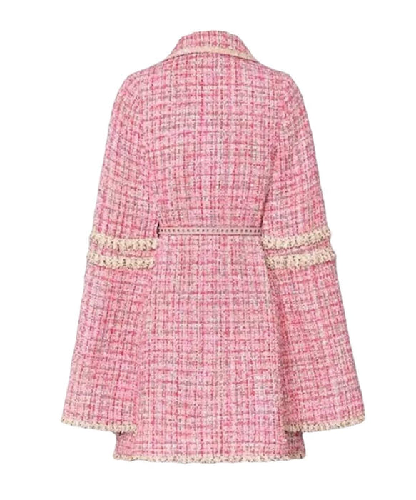 Pink Tweed Cape Belted Coat - BEYAZURA.COM
