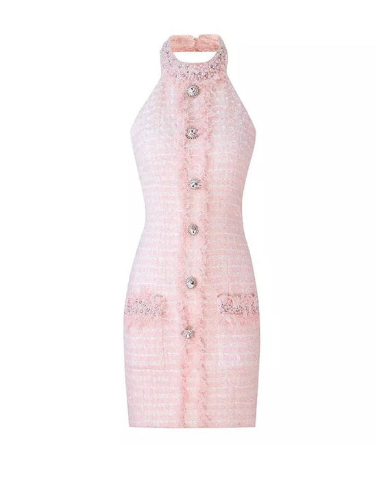Pink Tweed Trimmed Dress - BEYAZURA.COM