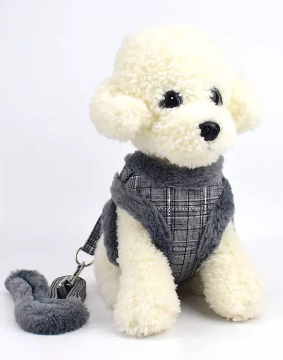 Plaid Faux Fur Dog Harness And Leash - BEYAZURA.COM
