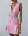 Pleated Color Block Mini Knit Dress - BEYAZURA.COM