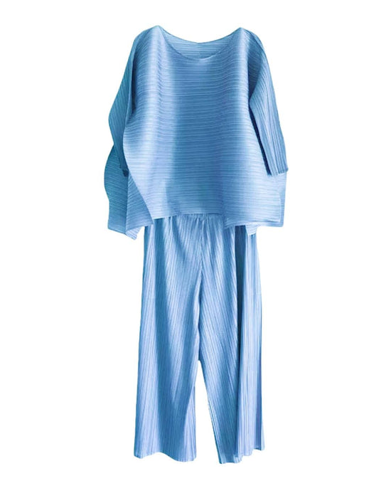 Sky blue pleated tunic and white pants - set of two by Chappai