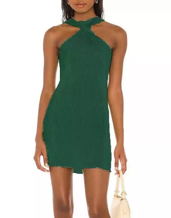 Pleated Twisted Front Short Dress - BEYAZURA.COM