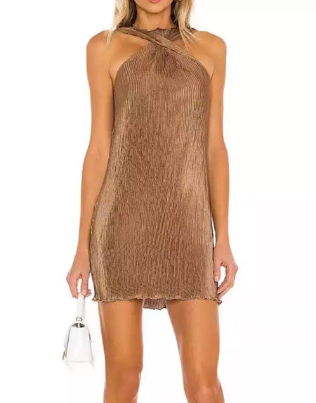 Pleated Twisted Front Short Dress - BEYAZURA.COM