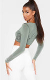 PLT Khaki Slinky Twist Front Long Sleeve Crop Top - BEYAZURA.COM