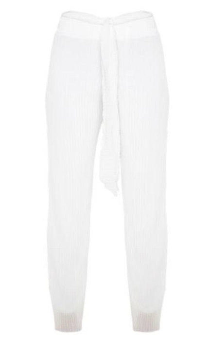 PLT White Tie Waist Pleated Chiffon Wide Leg Trouser - BEYAZURA.COM