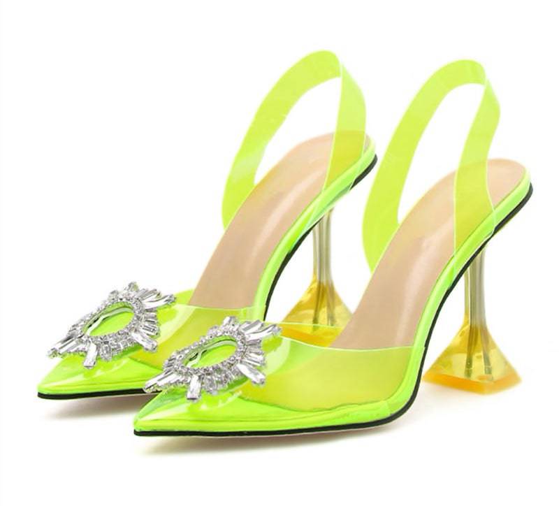 pointed toe crystal clear heels in neon green