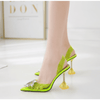 Pointed Toe Crystal Clear Heels in Neon Green - BEYAZURA.COM