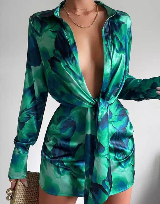 Printed Deep Cleavage Short Dress Beyazura.com Printed Deep Cleavage Short Dress Beyazura.com