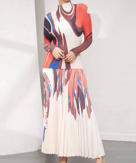 Printed Long Sleeve With Long Skirt Set In Orange - BEYAZURA.COM