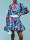 Printed Ruffled and Frilled Skirt Belted Short Dress - BEYAZURA.COM