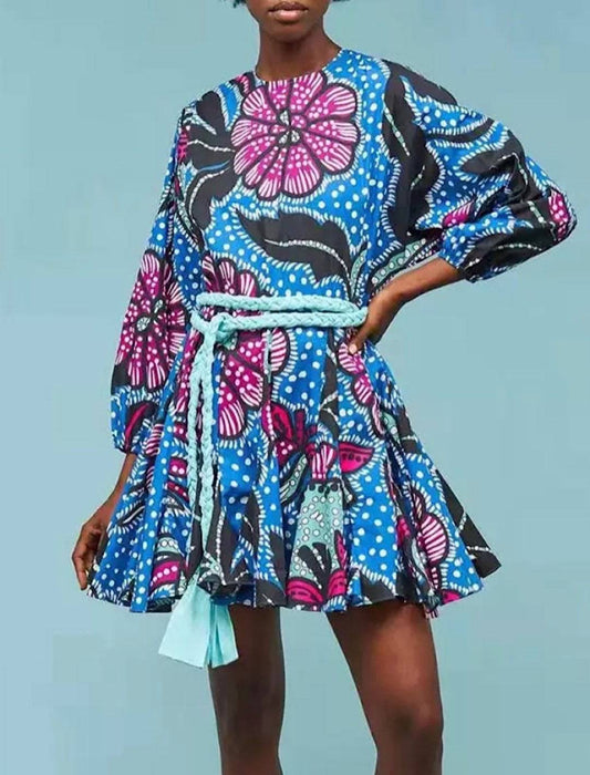 Printed Ruffled and Frilled Skirt Belted Short Dress - BEYAZURA.COM