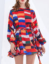 Printed Ruffled and Frilled Skirt Belted Short Dress - BEYAZURA.COM