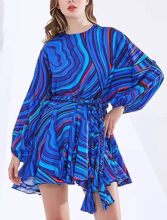 Printed Ruffled and Frilled Skirt Belted Short Dress - BEYAZURA.COM