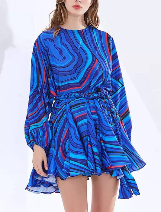 Printed Ruffled and Frilled Skirt Belted Short Dress - BEYAZURA.COM