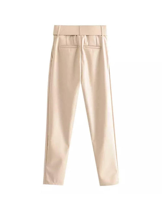 PU Leather Belted High Waisted Pants - BEYAZURA.COM