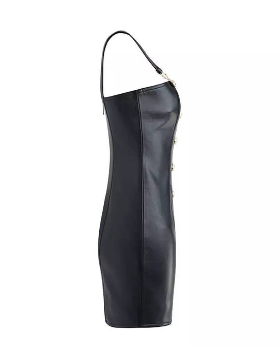 PU Leather Buckle Strap Mini Dress - BEYAZURA.COM