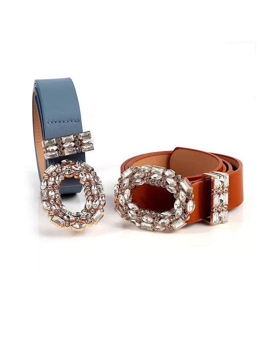 PU Leather Crystal Buckle Belt - BEYAZURA.COM