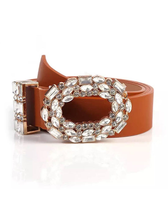 PU Leather Crystal Buckle Belt - BEYAZURA.COM