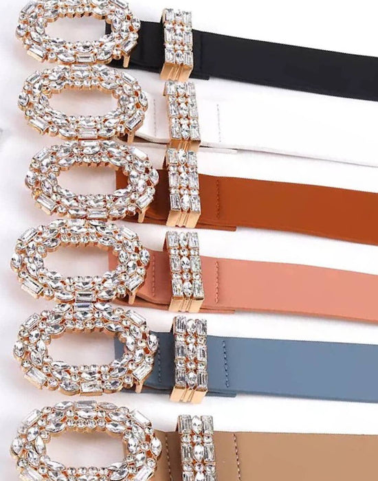 PU Leather Crystal Buckle Belt - BEYAZURA.COM