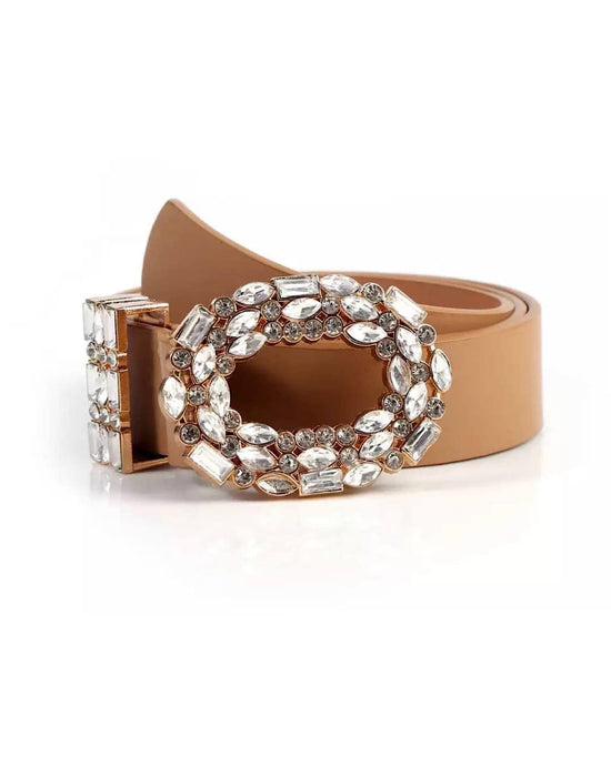 PU Leather Crystal Buckle Belt - BEYAZURA.COM