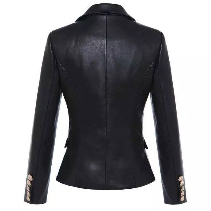 PU Leather Golden Trim Blazer - BEYAZURA.COM