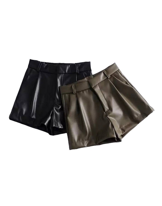 PU Leather High Waisted Shorts - BEYAZURA.COM