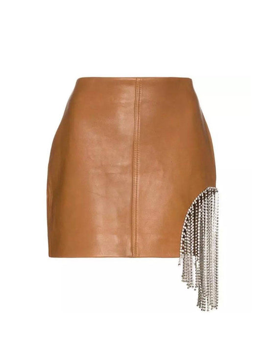 PU Leather Mini Skirt With Crystal Tassels - BEYAZURA.COM