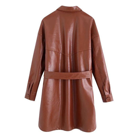PU Leather Pocket Detailed Belted Shirt Dress in Brown - BEYAZURA.COM