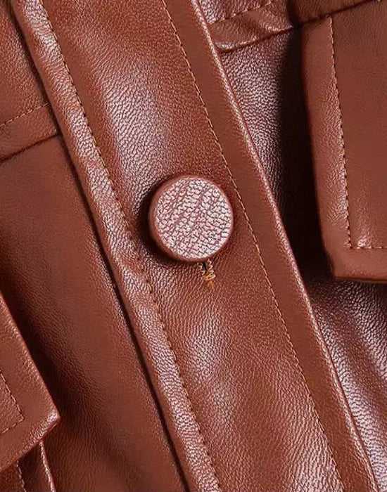 PU Leather Pocket Detailed Belted Shirt Dress in Brown - BEYAZURA.COM
