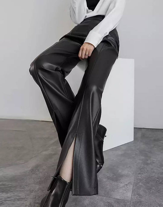 PU Leather Slim Pants With Front Slit - BEYAZURA.COM