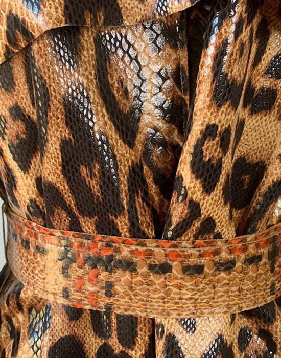 PU Leather Snake Pattern Midi Coat - BEYAZURA.COM