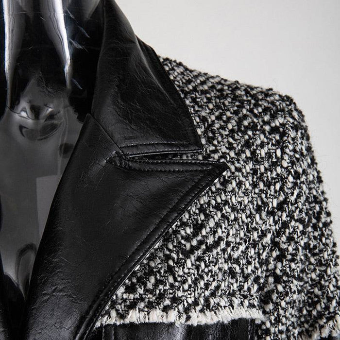 Pu Leather Trimmed Black And White Tweed Jacket - BEYAZURA.COM