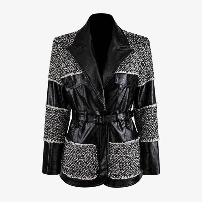 Pu Leather Trimmed Black And White Tweed Jacket - BEYAZURA.COM